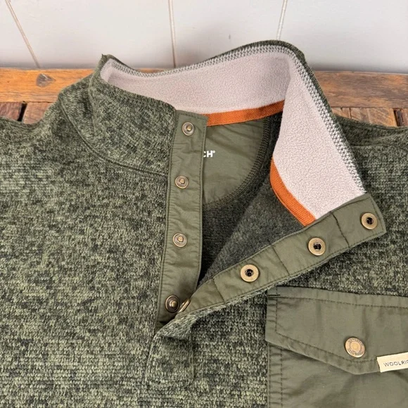 Woolrich XL Olive Pullover Fleece Snap Neck Pocket Outdoor Sweater - Picture 3 of 12